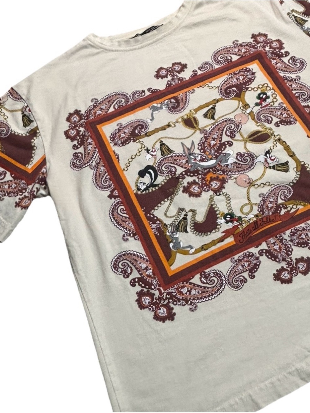 ZARA Looney Tunes Paisley Graphic Tee Shirt White Multicolor Small Y2K Rare - Picture 2 of 6